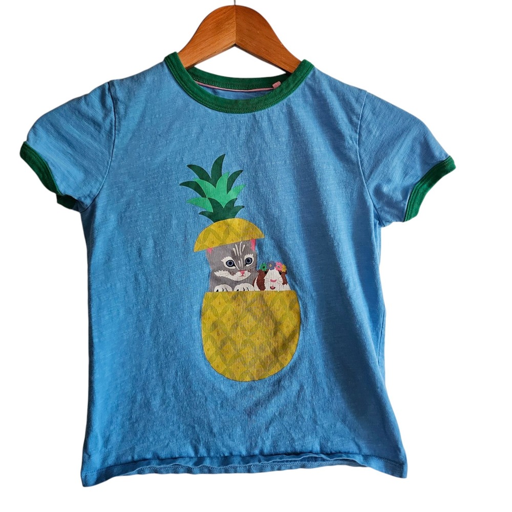 Boden Graphic Tee Pineapple Cat Guinea Pig Short Sleeve Top Blue Green 9 10 Year - Picture 2 of 7